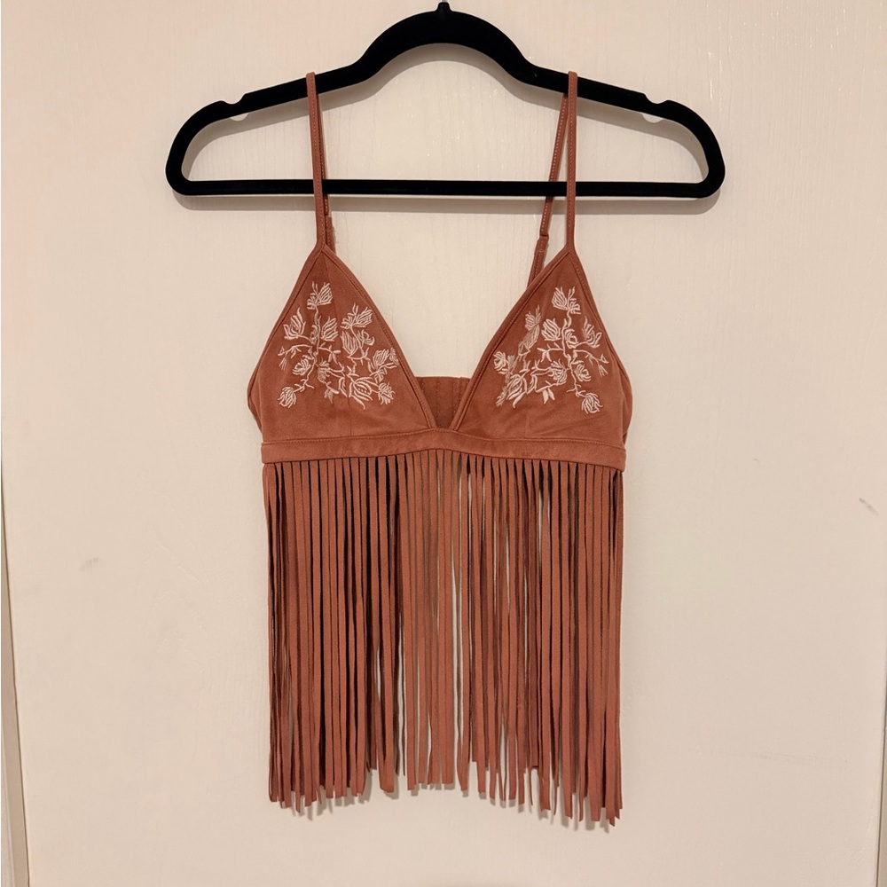 SOLD - Forever 21 Embroidered Fringe Crop Top - Rose Pink